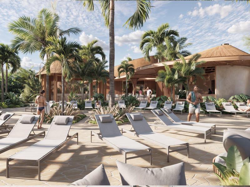 Muchas tumbonas junto a una piscina soleada con palmeras y huéspedes al fondo.