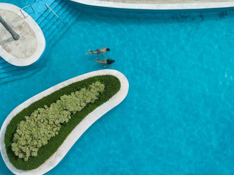 Dwie osoby pływają w czystym niebieskim basenie obok małej wyspy z roślinami.