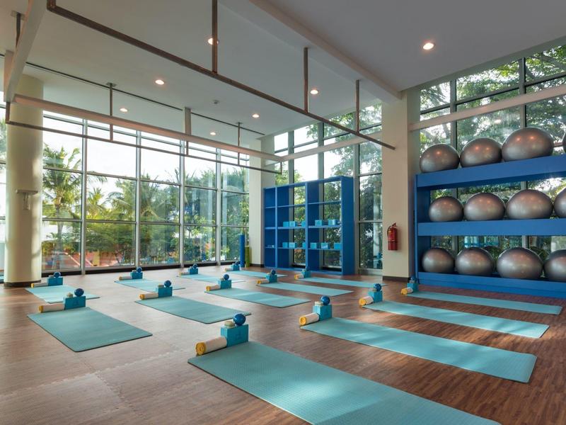 Bright yoga room with blue mats, exercise balls, and large windows overlooking greenery.