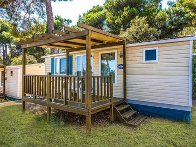 Dom mobilny z werandą i zielonym trawnikiem w zalesionym otoczeniu