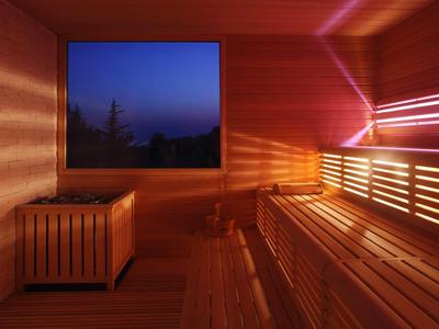 Holzsauna mit mehrstufigen Bänken, dimmer Lichtquelle und Fenster mit Blick auf Nachthimmel.