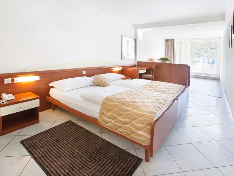 Modern hotel room with double bed, nightstands, rug, and large window overlooking outside.