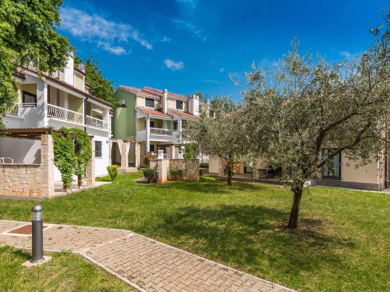 Modern holiday apartment complex with lawn, olive tree, and blue sky.