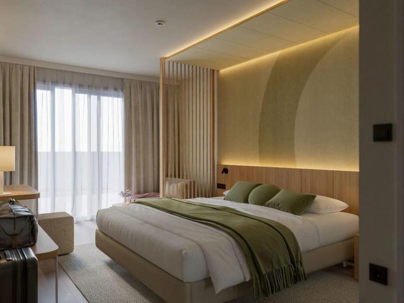 Habitación de hotel moderna con cama grande, iluminación indirecta y ventanas del suelo al techo con cortinas.