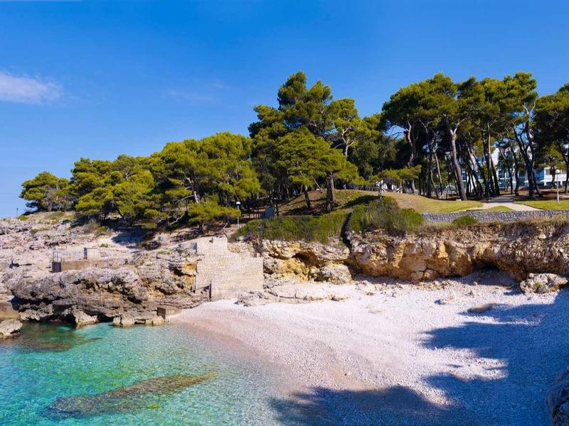 Mała piaszczysta zatoczka z czystą turkusową wodą i zalesionymi skałami pod niebieskim niebem.