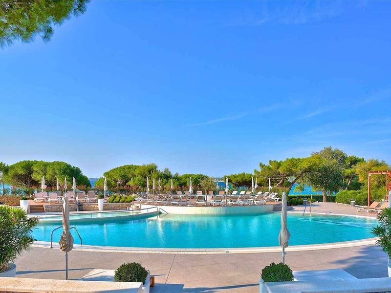 Duży niebieski basen z parasolami i drzewami pod jasnym niebem.