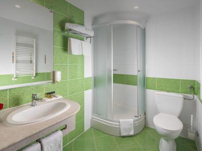 Světla koupelna se zeleno-bílými dlaždicemi, sprchou, umyvadlem a toaletou.