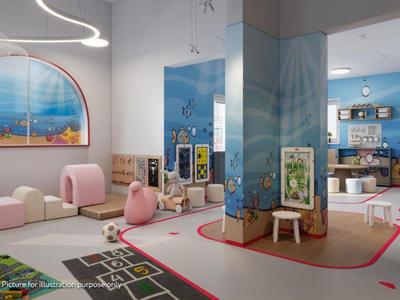 Světelná a barevná dětská herna v hotelu s posezením a hračkami.