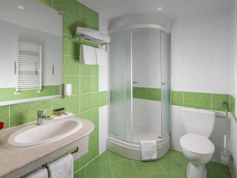 Světla koupelna se zeleno-bílými dlaždicemi, sprchou, umyvadlem a toaletou.