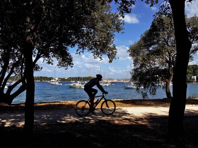 Persona monta en bicicleta por un sendero junto a un lago con barcos en un día soleado.