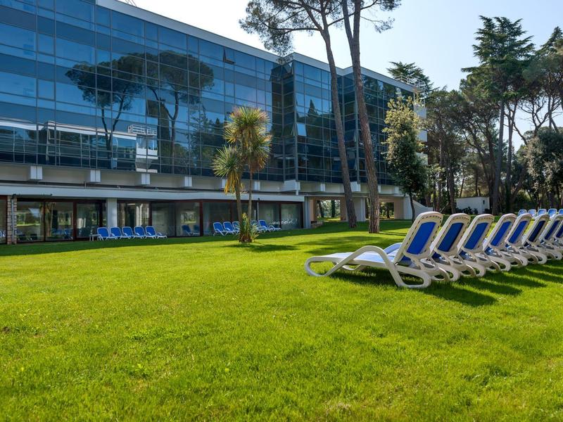 Grüne Wiese mit Reihen von blauen Liegestühlen und modernen Glasgebäuden im Hintergrund.