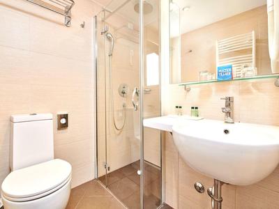 Compact bathroom with shower, toilet, and large mirror.
