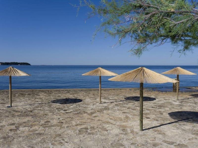 Seaside view with sandy beach and sun umbrellas under clear blue sky.