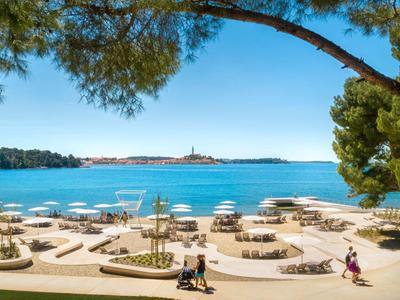 Sandy beach with umbrellas overlooking calm blue sea and tree-lined coast.