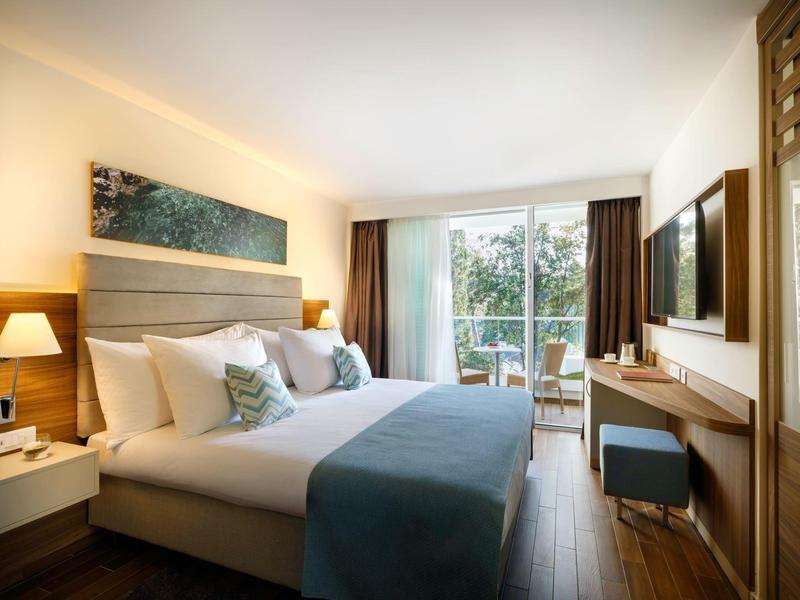 Modern hotel room with double bed, balcony, and TV by the window