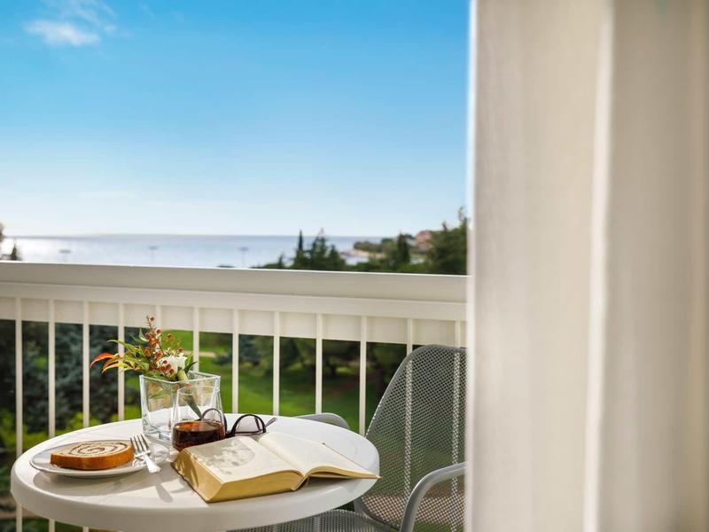 Balkontisch mit Buch, Brille, Kokosnuss und Pflanze vor Meerblick und blauem Himmel.