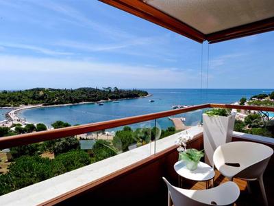 Balkon mit Stühlen und Tisch, Blick auf Meer und grüne Küste bei klarem Himmel.