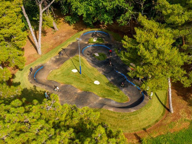 Vue aérienne d'un mini-golf entouré d'arbres dans un parc