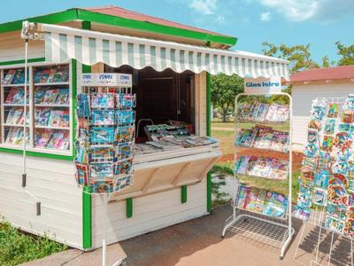 Pequeño quiosco al aire libre con numerosas postales y souvenirs bajo el sol.