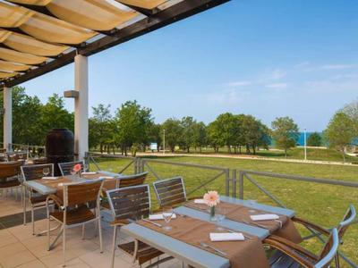 Freiluft-Terrasse mit Tischen und Stühlen, Blick auf grüne Wiese und blauen Himmel.