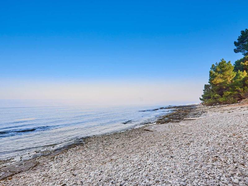 Spiaggia rocciosa con acqua calma e cielo azzurro limpido accanto a zona boschiva.