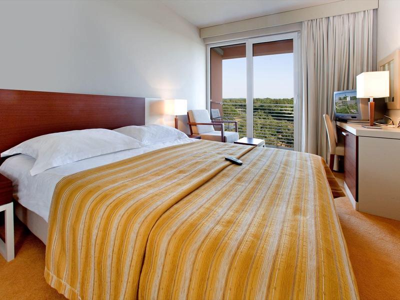 Hotelový pokoj s velkou postelí, jednoduchým zařízením a výhledem do přírody.