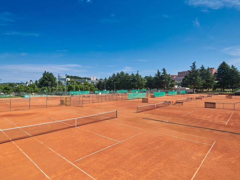 Několik červených antukových tenisových kurtů za slunečného počasí s modrou oblohou a zelenými stromy.