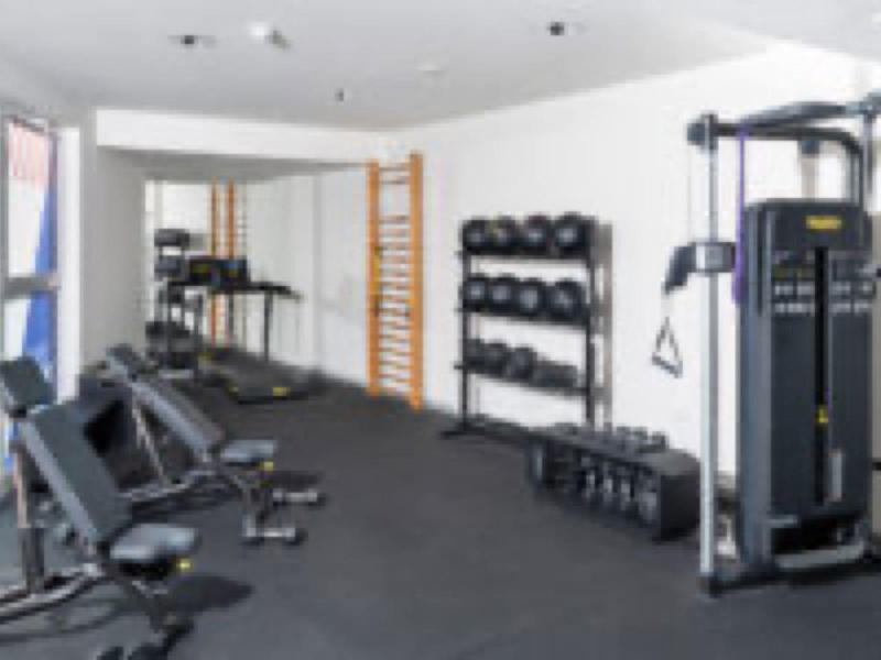 Moderní posilovna s různými tréninkovými zařízeními a činkami u oken.