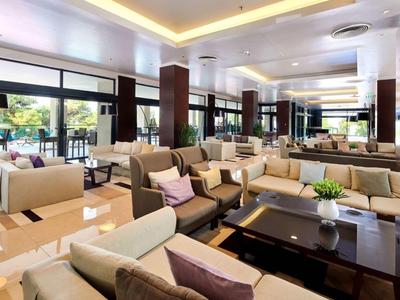 Przestronny salon hotelowy z wygodnymi sofami, stolikami kawowymi i naturalnym światłem.