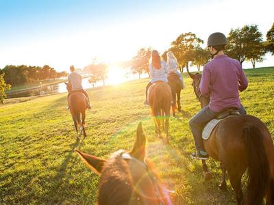 Ruiters te paard bij zonsondergang op een groene weide met bomen.