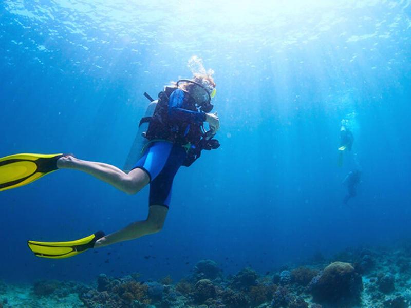 Potápěč se žlutými ploutvemi prozkoumává čistou modrou vodu nad korálovým útesem.