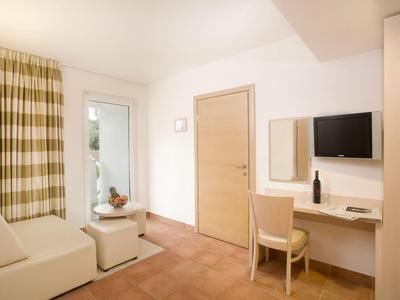 Camera d'hotel luminosa con scrivania, TV, sedia e tende a quadri.