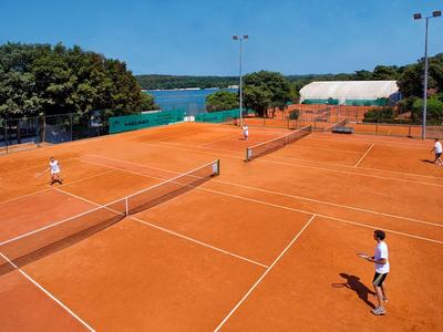 Několik hráčů hraje tenis na venkovních antukových kurtech u stromů a vody.