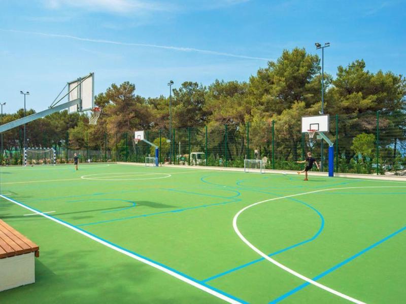 Buiten multi-sportveld met tribunes, basketbalring en groene ondergrond.