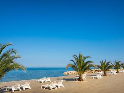 Spiaggia sabbiosa vuota con palme e lettini sotto un cielo azzurro limpido vicino al mare.