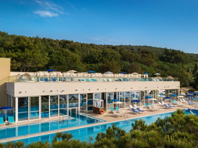 Hotel moderno con piscina exterior y zona de descanso junto a un bosque y cielo despejado.
