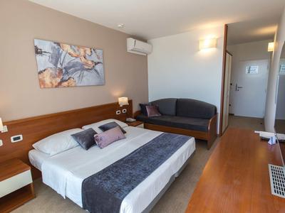 Moderní hotelový pokoj s manželskou postelí, pohovkou, psacím stolem a klimatizací.