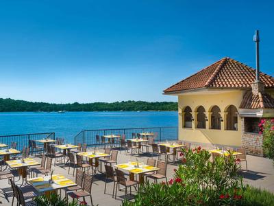Terrasse avec chaises et tables au bord de l'eau sous un ciel dégagé et un rivage vert