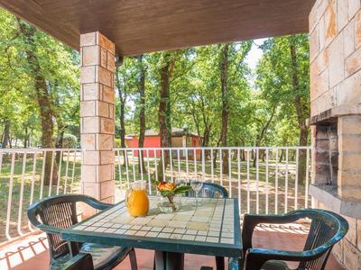 Zadaszony taras z stołem, krzesłami i widokiem na zalesiony ogród.