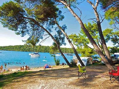 Plage ensoleillée avec des arbres, des gens au bord de l'eau et des voiliers dans une baie calme.
