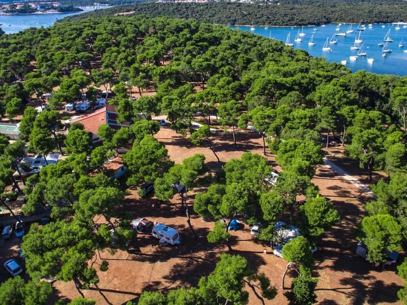 Luftaufnahme eines bewaldeten Campingplatzes an der Küste mit zahlreichen Zelten und Booten im Wasser.