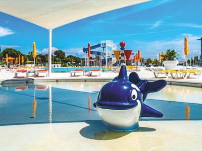 Basen z niebieską zabawką w kształcie wieloryba i leżakami w tle.