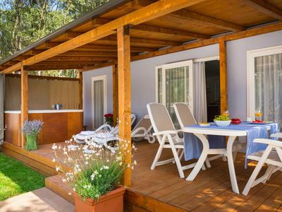 Überdachte Terrasse mit Tisch, Stühlen und Blumentöpfen neben einem Ferienhaus.