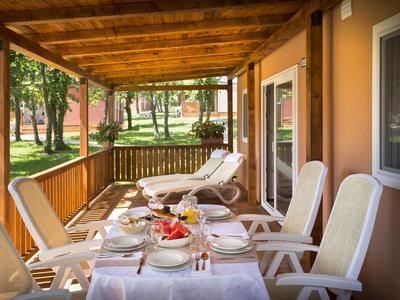 Acogedora terraza con mesa puesta para el desayuno y tumbonas, rodeada de naturaleza.