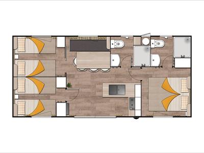 Plano de una casa de vacaciones con tres dormitorios, dos baños y sala de estar con cocina.