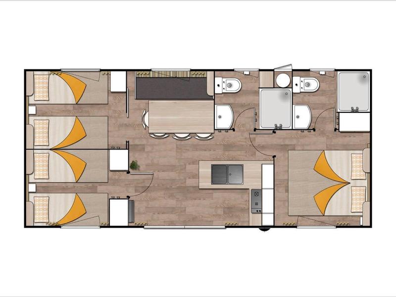 Plano de una casa de vacaciones con tres dormitorios, dos baños y sala de estar con cocina.