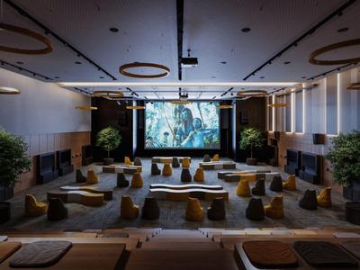 Modernes Heimkino mit komfortablen Sofas und großem Bildschirm in elegantem Raum.