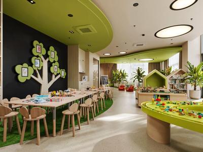 Jasna, nowoczesna przestrzeń do zabawy i jedzenia dla dzieci ze stołami, krzesłami i zabawkami.