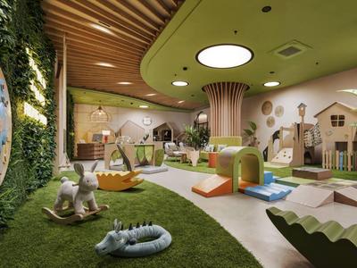 Nowoczesny, kolorowy plac zabaw w pomieszczeniu z zjeżdżalnią i różnymi strukturami do zabawy w ciepłym świetle.