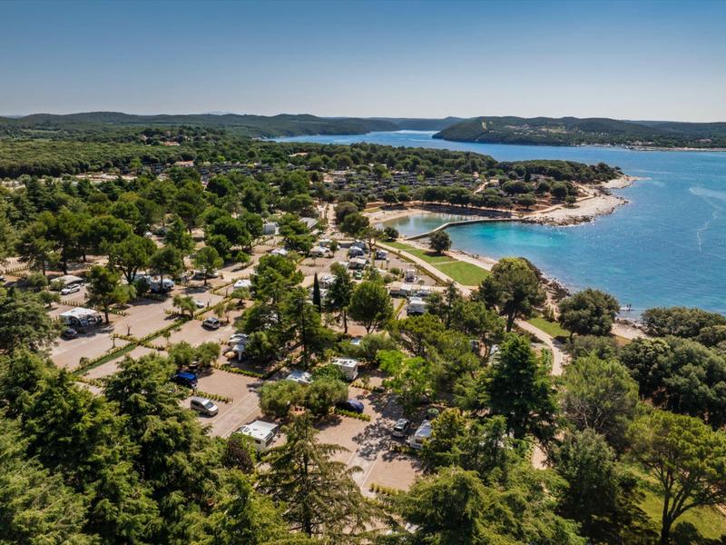 Widok z powietrza na zalesione pole namiotowe na wybrzeżu z widokiem na niebieskie morze.